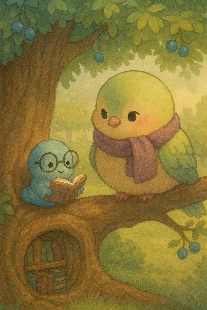 Astro, un gusanito azul con anteojos, lee un libro en la rama de un árbol junto a Cometa, un pajarito verde y amarillo con bufanda.